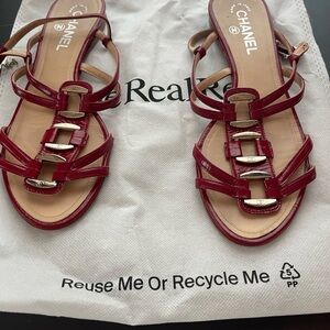 CHANEL Red Patent Leather Strappy Sandals with silver Tone Hardware